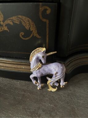 Betsey Johnson Lavender Unicorn Brooch with Gold and Crystal Accents